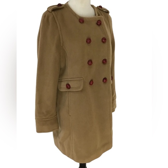 Lands’ End Wool Blend Leather Button Tan Pea Coat Size 12P - Picture 1 of 13